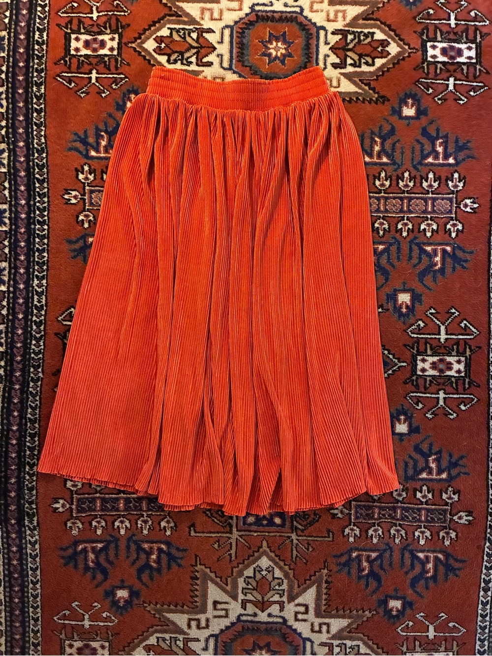 Vintage Bright Orange Pleated Silk Midi Skirt